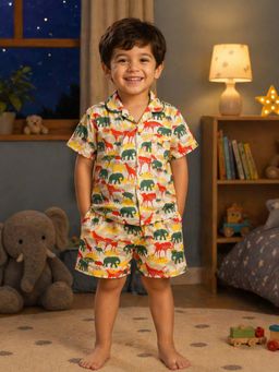The Magic Wand - Cotton Half Sleeves Jungle Theme Shirt with Shorts-White