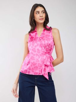 FableStreet - Satin Floral Print Wrap Top - Pink