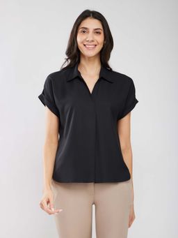FableStreet - Collared Drop Shoulder Top - Black