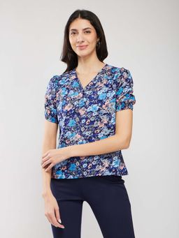 FableStreet - Puff Sleeves Floral Print Top - Navy Blue