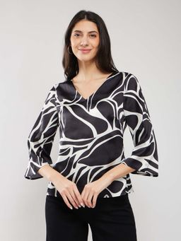 FableStreet - Satin Abstract Print Top - Black