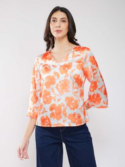 FableStreet - Satin Floral Print Top - Multi-Color