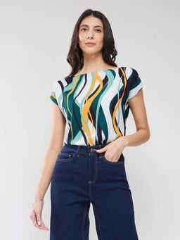 FableStreet - Boat Neck Abstract Print Top - Multi-Color