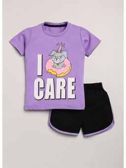 Lazy Shark - Girls Purple and Black Printed Cotton T-Shirt with Shorts (Set of 2)