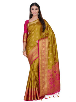 Mimosa - Silk Olive Saree With Blouse Piece