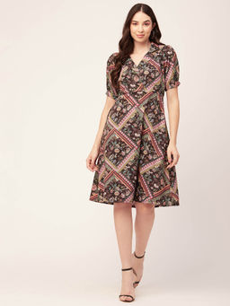 Moomaya - Women Notched Lapel Multi-Color Floral Printed Knee Length Dress