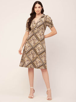 Moomaya - Women Notched Lapel Multi-Color Floral Printed Knee Length Dress