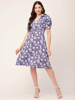 Moomaya - Women Notched Lapel Purple Floral Printed Knee Length Dress