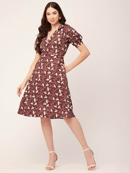 Moomaya - Women Notched Lapel Brown Floral Printed Knee Length Dress