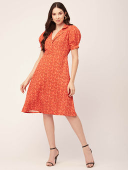 Moomaya - Women Notched Lapel Orange Printed Knee Length Dress