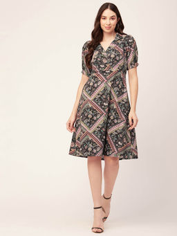 Moomaya - Women Notched Lapel Black Floral Printed Knee Length Dress