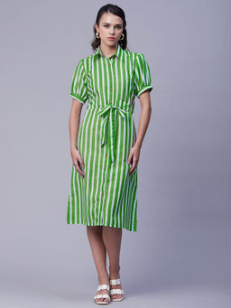 Moomaya - Women Collar Neck Green Stripes Midi Dress