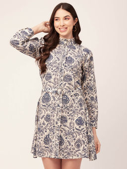 Moomaya - Women Ruffled Neck White Floral Printed Mini Dress with Belt (Set of 2)