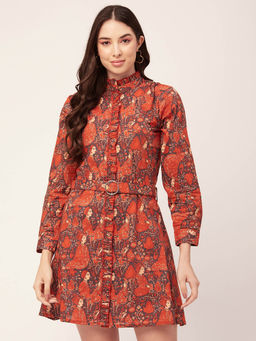 Moomaya - Women Collar Neck Rust Floral Printed Mini Dress with Belt (Set of 2)