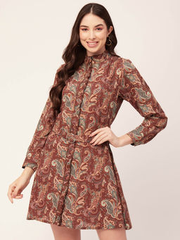 Moomaya - Women Collar Neck Brown Paisley Mini Dress with Belt (Set of 2)