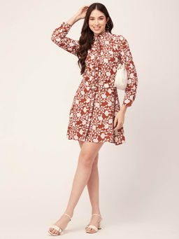 Moomaya - Women High Neck Brown Floral Printed Mini Dress with Belt (Set of 2)