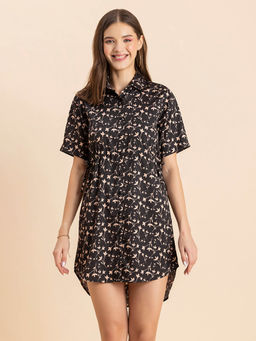 Moomaya - Women Collar Neck Black Floral Printed Mini Dress