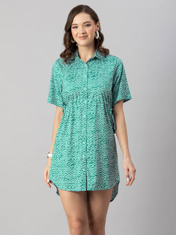 Moomaya - Women Collar Neck Green Printed Mini Dress