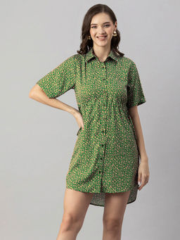 Moomaya - Women Collar Neck Green Floral Printed Mini Dress