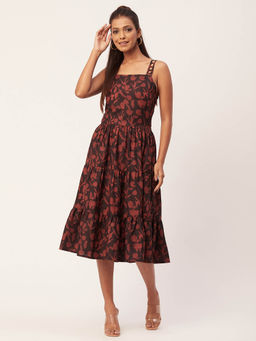 Moomaya - Women Square Neck Black Floral Printed Midi Dress