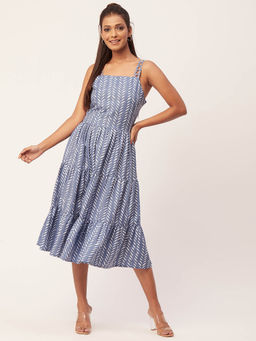 Moomaya - Women Square Neck Blue Floral Printed Midi Dress