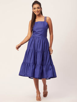 Moomaya - Women Square Neck Blue Solid Midi Dress