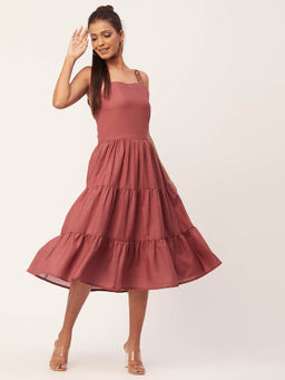 Moomaya - Women Square Neck Mauve Solid Midi Dress