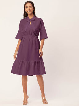 Moomaya - Women Tie-Up Neck Purple Solid Knee Length Dress