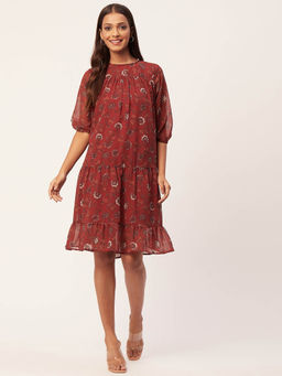 Moomaya - Women Round Neck Rust Floral Printed Knee Length Dress