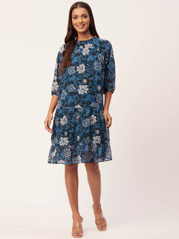 Moomaya - Women V-Neck Navy Blue Floral Printed Knee Length Dress