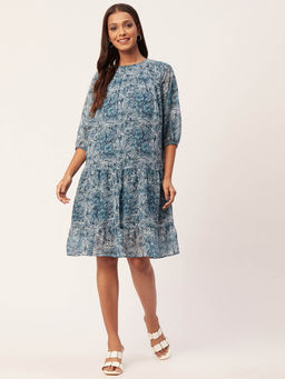 Moomaya - Women Round Neck Multi-Color Floral Printed Knee Length Dress