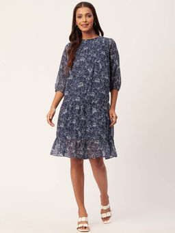 Moomaya - Women V-Neck Blue Floral Printed Knee Length Dress