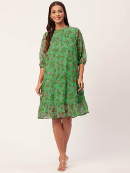 Moomaya - Women Round Neck Green Floral Printed Knee Length Dress