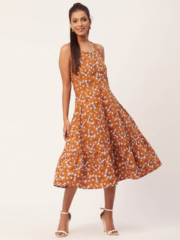 Moomaya - Women Square Neck Mustard Floral Printed Midi Dress