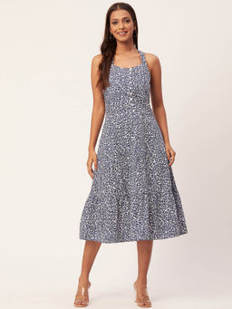 Moomaya - Women Square Neck White Floral Printed Midi Dress