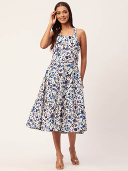 Moomaya - Women Square Neck White Floral Printed Midi Dress