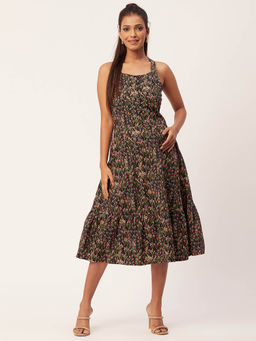 Moomaya - Women Square Neck Black Floral Printed Midi Dress