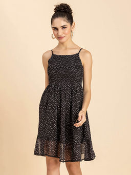 Moomaya - Women Shoulder Straps Black Polka Dots Mini Dress