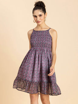 Moomaya - Women Shoulder Straps Multi-Color Floral Printed Mini Dress