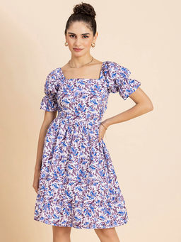 Moomaya - Women Square Neck White Floral Printed Knee Length Dress