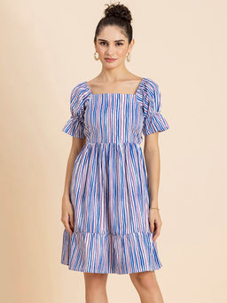 Moomaya - Women Square Neck White Stripes Knee Length Dress