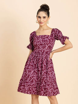 Moomaya - Women Square Neck Wine Floral Printed Knee Length Dress