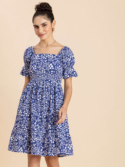 Moomaya - Women Square Neck Blue Floral Printed Knee Length Dress