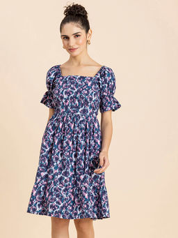 Moomaya - Women Square Neck Multi-Color Printed Knee Length Dress