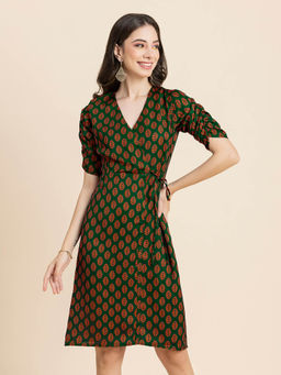 Moomaya - Women V-Neck Green Printed Knee Length Dress