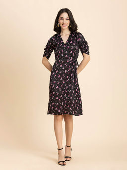 Moomaya - Women V-Neck Black Floral Printed Knee Length Dress