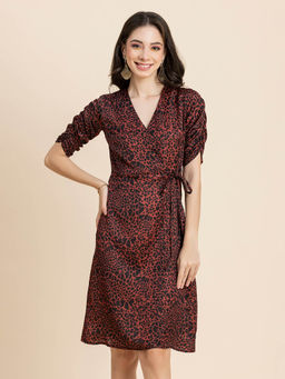 Moomaya - Women V-Neck Multi-Color Animal Print Knee Length Dress