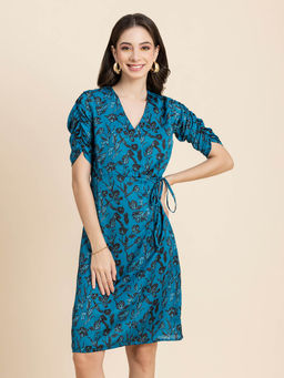 Moomaya - Women V-Neck Blue Floral Printed Knee Length Dress