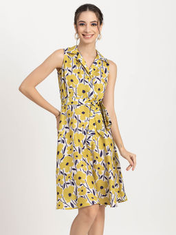 Moomaya - Women Collar Neck White Floral Printed Knee Length Dress with Belt (Set of 2)