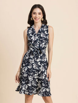 Moomaya - Women Collar Neck Black Floral Printed Knee Length Dress with Belt (Set of 2)